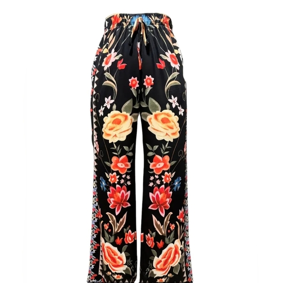 NWOT Palazzo Wide Leg Retro Colorful Floral Drawstring Pants - Picture 2 of 11